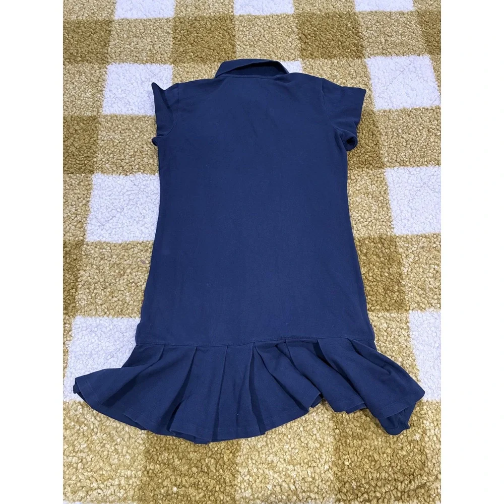 Ralph Lauren Girls Navy Blue Long Sleeve Pleated Polo Dress XL 16 Red Pony Logo